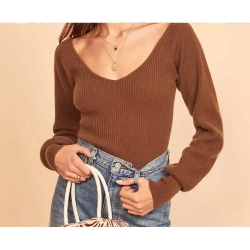 Reformation Hart Sweater Womens Brown Large Cashmere Ribbed V-Neck Bishop Sleeve